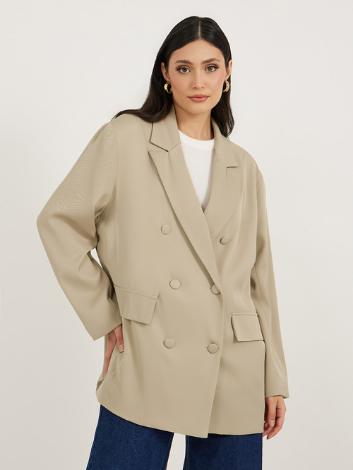 Buy Oversized Double Breasted Longline Blazer Beige For Women Styli Saudi