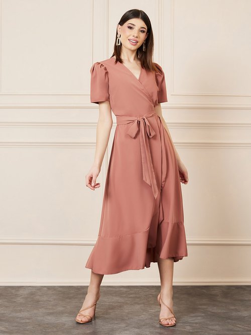 Buy Ruffle Hem A Line Midi Wrap Dress Rust For Women Styli Saudi