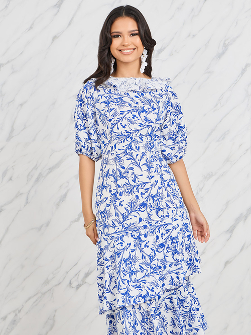 Buy All Over Print Lace Neck Layer Tiered Midi Dress Light Blue For Women Styli Kuwait