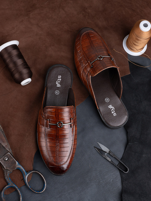 Buy Croc Texture Faux Leather Metal Accent Mules Tan For Men Styli Saudi