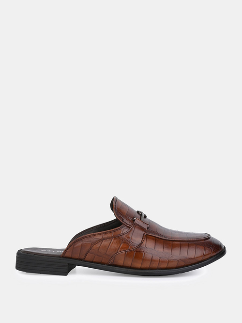 Buy Croc Texture Faux Leather Metal Accent Mules Tan For Men Styli Saudi