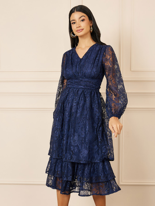 Buy Lace Detail Bishop Sleeve Tiered Midi Dress Navy Blue For Women Styli Saudi