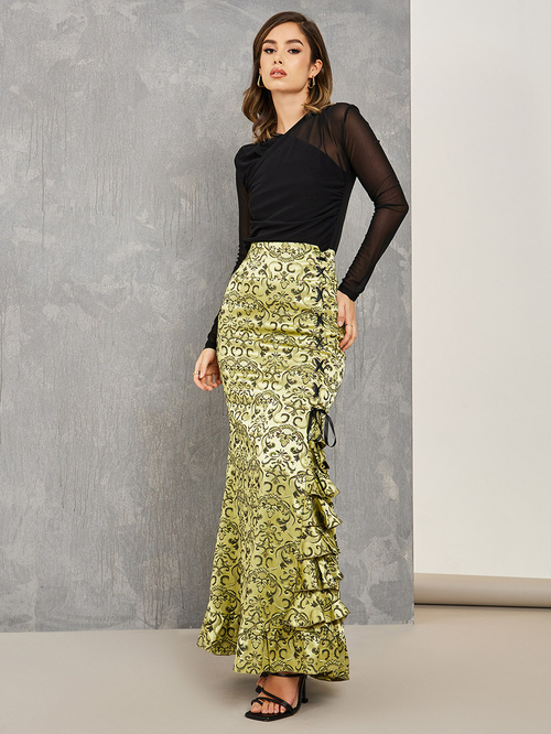 Green ruffle maxi skirt shop