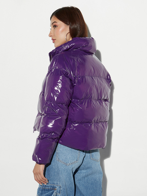 Buy High Neck Cropped Puffer Jacket with Zip Closure Purple