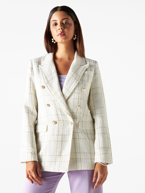 Buy Textured Notch Lapel Tweed Blazer with Pockets White For Women Styli UAE