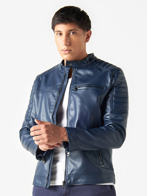 Buy Leather Look Zip Through Biker Jacket with Long Sleeves Navy Blue For Men Styli Kuwait