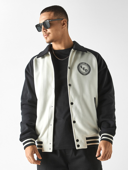 Buy Embroidered Varsity Jacket with Button Detail Pockets White For Men Styli UAE