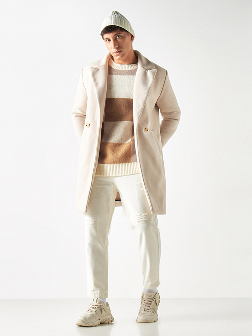 Buy Notch Lapel Longline Blazer with Pockets Beige For Men Styli UAE