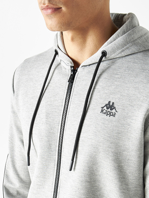 Buy Logo Tape Detail Zip Through Hoodie with Kangaroo Pocket Grey For Men Styli Saudi