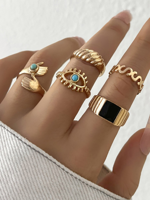 Buy Set of 5 Eye and Hand Design Rings Gold For Women Styli Saudi