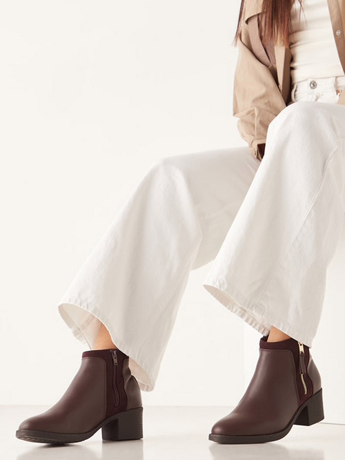 Buy Solid Block Heel Ankle Boots with Zip Closure Burgundy For Women Styli Saudi