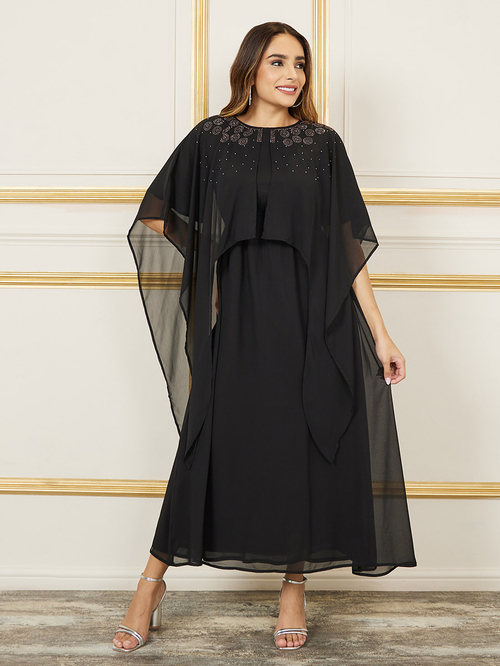 Buy Embellished Cape Sleeves A Line Maxi Dress Black For Women Styli UAE
