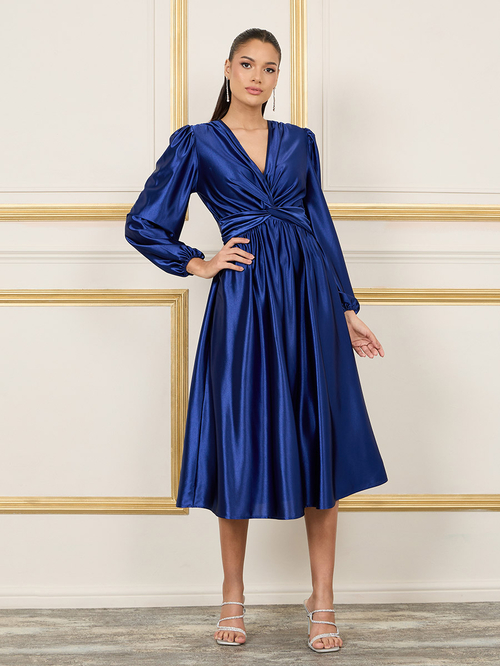 Buy Satin Front Twist A Line Midi Dress Navy Blue For Women Styli Kuwait