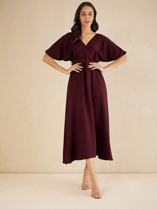 Buy V Neck Kimono Sleeve Wrap Front Maxi Dress Burgundy For Women Styli Kuwait