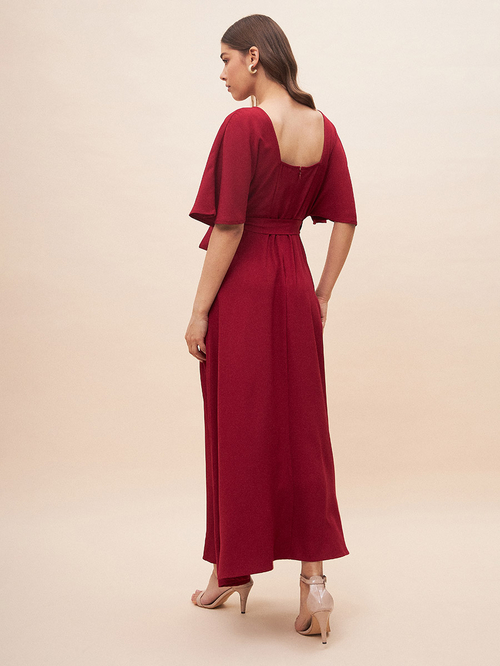 Buy V Neck Kimono Sleeve Wrap Front Maxi Dress Red For Women Styli Saudi