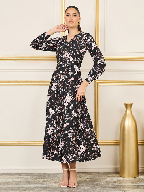 Buy Floral All Over Print Long Sleeves A Line Maxi Dress Black For Women Styli UAE