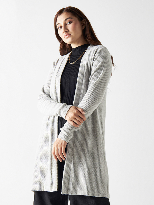 Buy Ribbed Open Front Longline Cardigan Grey For Women Styli Kuwait