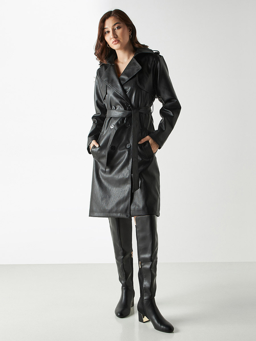 Buy Leather Look Trench Coat with Tie Up Belt Black For Women Styli UAE