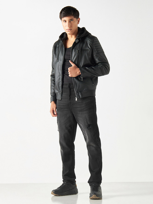 Buy Leather Look Textured Bomber Jacket with Hood Black For Men Styli Saudi