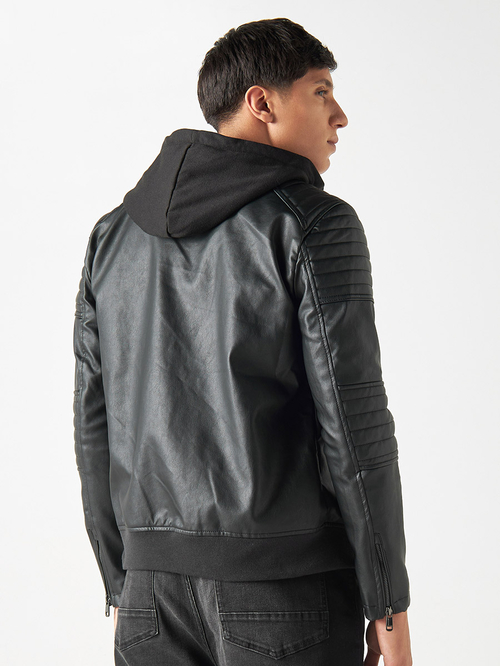 Buy Leather Look Textured Bomber Jacket with Hood Black For Men Styli Saudi
