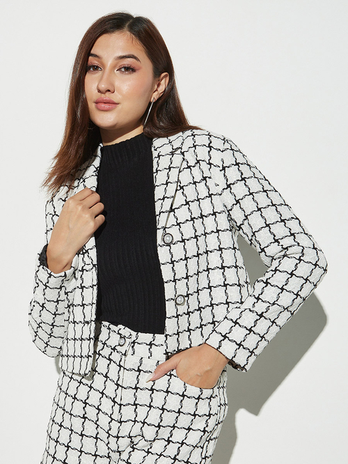 Buy Checked Pattern Tweed Cropped Blazer White For Women Styli UAE
