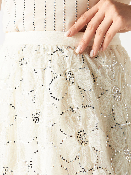 Buy Floral Sequin Embellished Mesh A Line Skirt Cream For Women Styli UAE