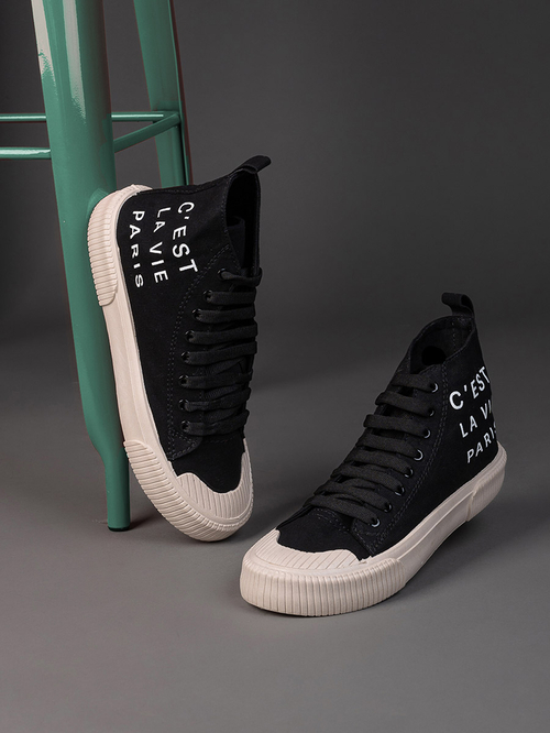 Buy High Top Slogan Print Casual Canvas Shoes Black For Men Styli UAE