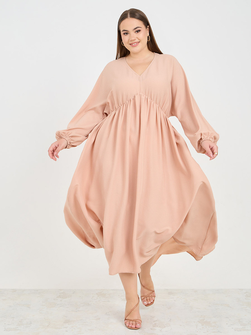 Buy Plus Textured V Neck A Line Maxi Dress Beige For Women Styli Saudi