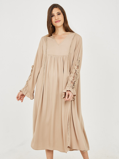 Buy Lace Ladder Cut Out Detail A Line Midi Dress Beige For Women Styli Bahrain