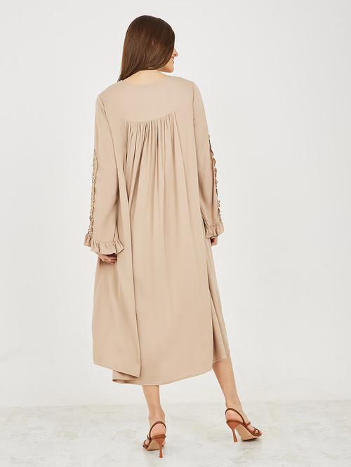 Buy Lace Ladder Cut Out Detail A Line Midi Dress Beige For Women Styli Bahrain