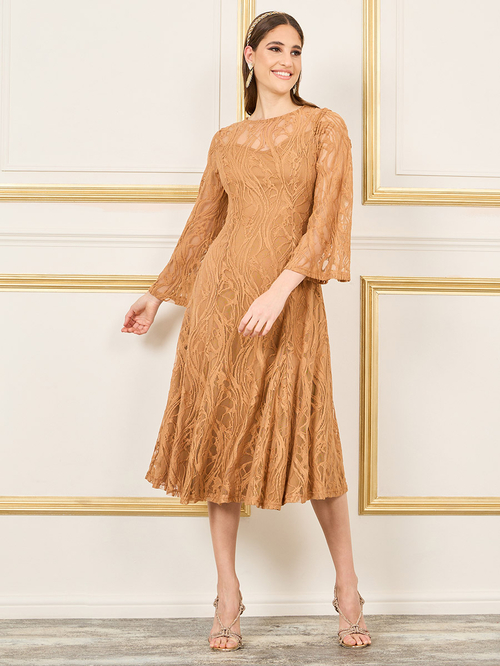 Buy All Over Lace Flared Sleeves A Line Midi Dress Mustard For Women Styli Saudi