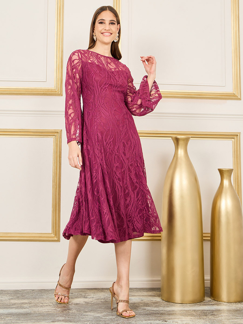 Buy All Over Lace Flared Sleeves A Line Midi Dress Purple For Women Styli Saudi