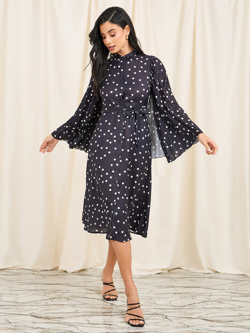 Buy Polka Dot Print Pleated Cape Sleeves Shirt Midi Dress Black For Women Styli Saudi