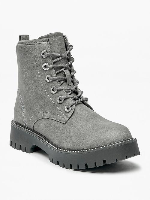 Buy Solid Lace Up Ankle Boots Grey For Women Styli Kuwait