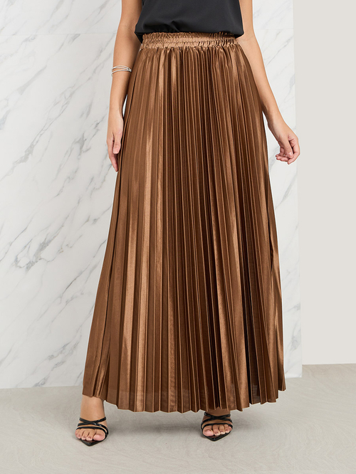 Buy Satin Pleated High Rise A Line Maxi Skirt Gold For Women Styli Saudi