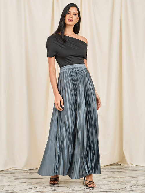 Buy Satin Pleated High Rise A Line Maxi Skirt Grey For Women Styli Saudi