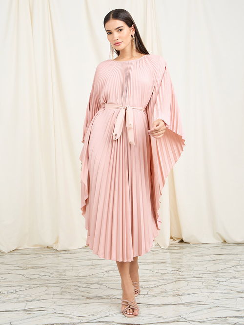 Buy Accordion Pleats Handkerchief Hem Midi Dress with Tie Belt Pink For Women Styli Saudi