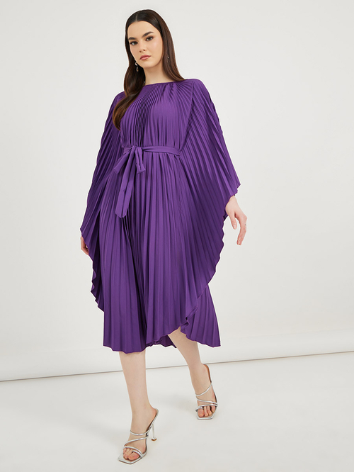 Buy Accordion Pleats Handkerchief Hem Midi Dress with Tie Belt Purple For Women Styli UAE