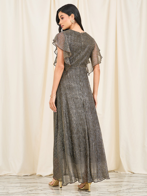 Buy Plisse Front Twist Ruffle Sleeves Maxi Dress Black For Women Styli Saudi