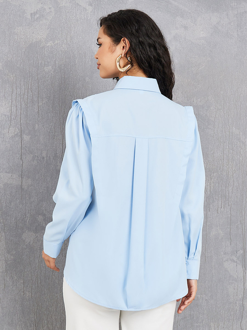 Buy Ruffle Detail High Low Hem Shirt Blue For Women Styli Saudi