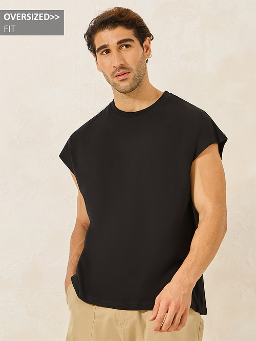 Buy Cap Sleeve Cotton Rich Oversized T Shirt Black For Men Styli Saudi