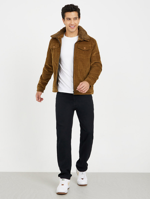 Buy Detachable Faux Fur Collar Corduroy Jacket with Flap Pockets Brown For Men Styli Saudi