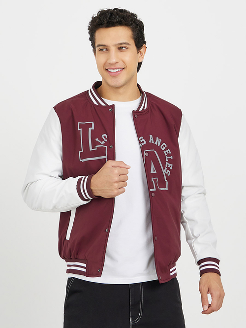 Burgundy varsity jacket mens sales