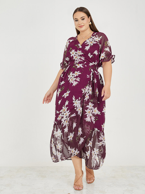 Buy Plus Floral Print Sheer Panel Wrap Maxi Dress Burgundy For Women Styli Kuwait