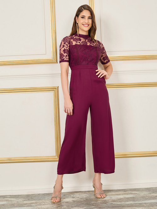 Buy Lace Detail High Neck Wide Leg Jumpsuit Burgundy For Women Styli Saudi