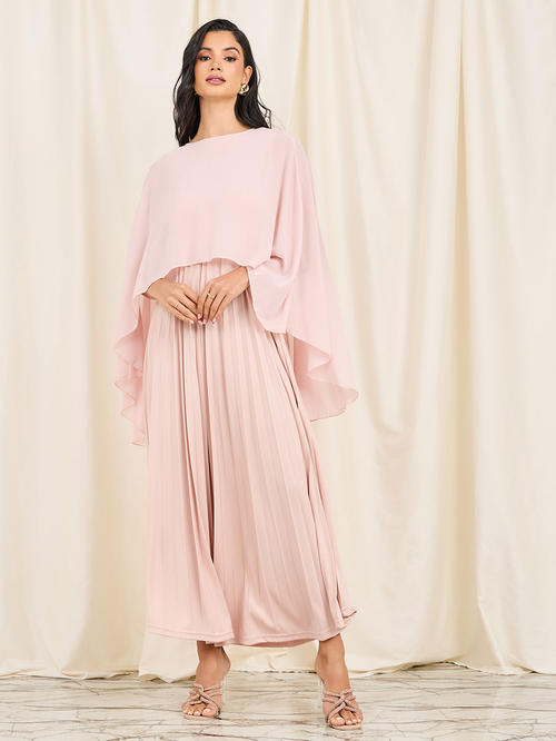 Buy Pleated Cape Sleeves Maxi Dress Pink For Women Styli Saudi