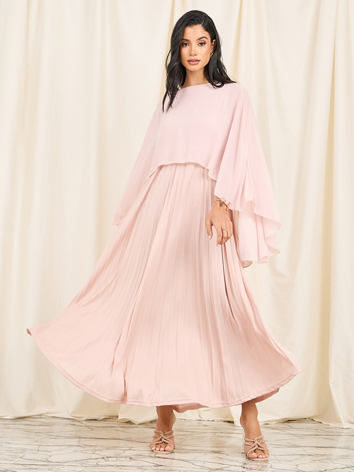 Buy Pleated Cape Sleeves Maxi Dress Pink For Women Styli Kuwait