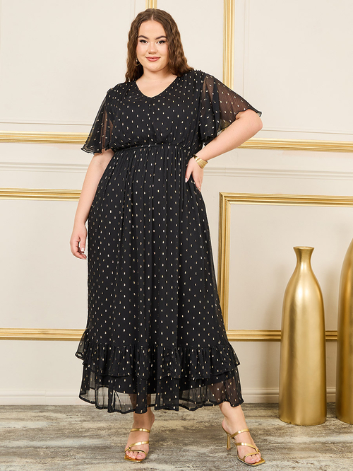 Buy Plus Lurex Paisley Print Ruffle Detail Maxi Dress Black For Women Styli UAE