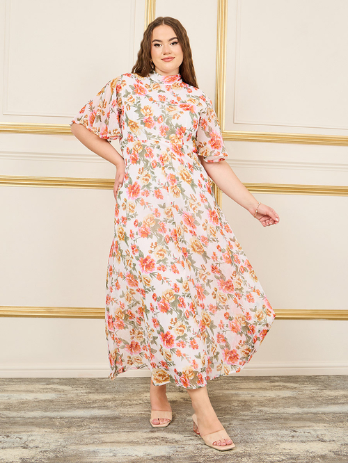Buy Plus Floral Print High Neck A Line Maxi Dress White For Women Styli UAE