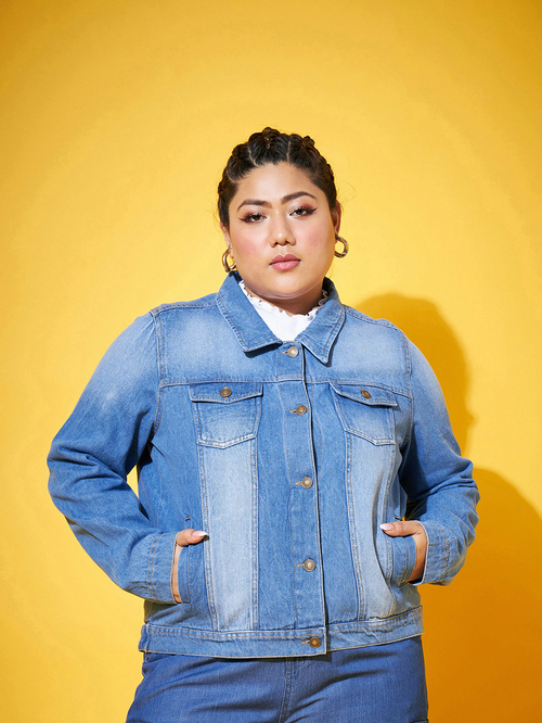 Yellow jean jacket plus size on sale